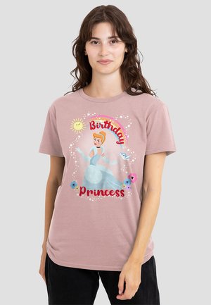 Light pink t-shirt featuring a graphic of a princess in a blue gown, surrounded by colorful flowers and the text "Birthday Princess."