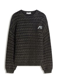 Maglione verde scuro con un motivo a treccia testurizzato, polsini e orlo a coste, con un piccolo logo grigio sul fronte.