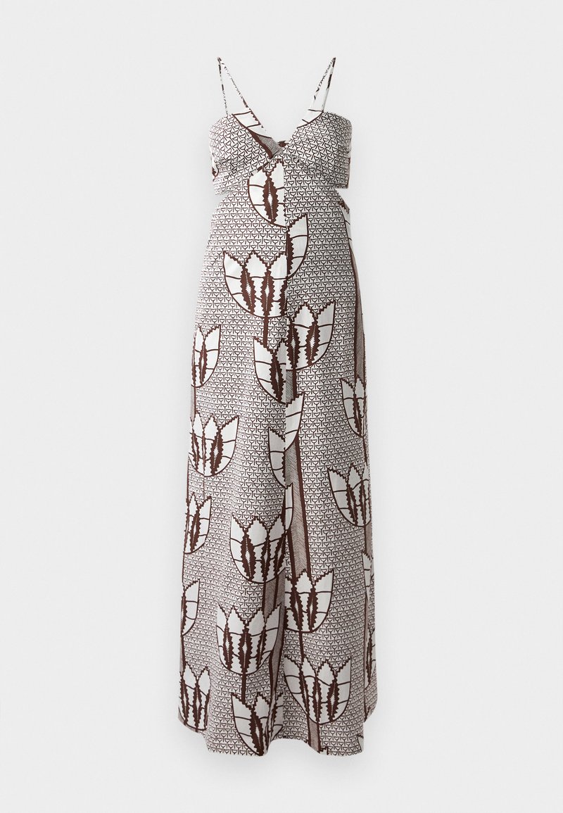 Abito lungo con spalline sottili, caratterizzato da un motivo floreale astratto in marrone e bianco su un tessuto texturizzato. Vita elasticizzata per il comfort.