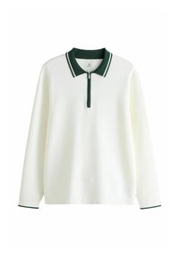 White sweatshirt with a zippered collar, featuring a green ribbed collar and cuffs with white stripes along the edges. Soft texture, relaxed fit.