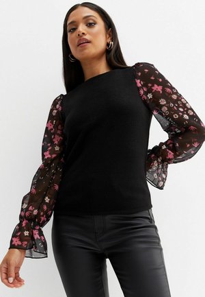 FLORAL 2-IN-1 LONG PUFF SLEEVE TOP - Blouse - black