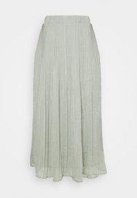 Jupe midi plissée en vert doux avec une finition scintillante. Taille élastique et tissu fluide offrant une texture légère et un mouvement élégant.