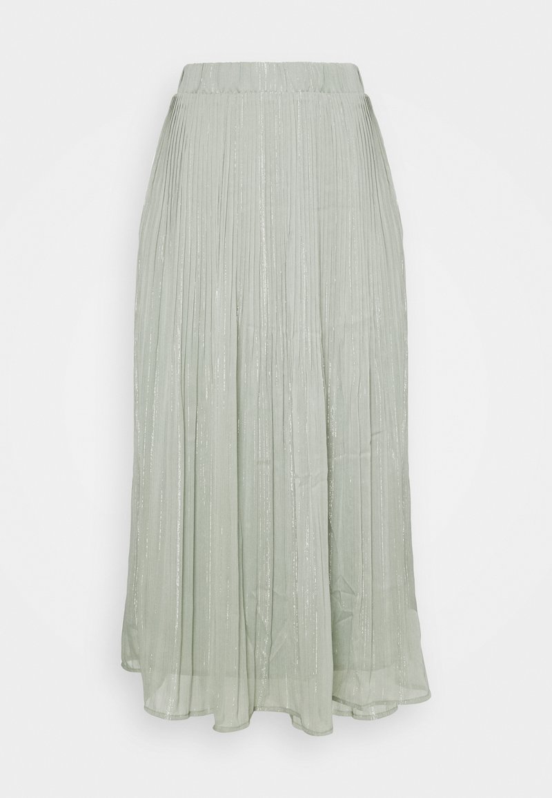Jupe midi plissée en vert doux avec une finition scintillante. Taille élastique et tissu fluide offrant une texture légère et un mouvement élégant.