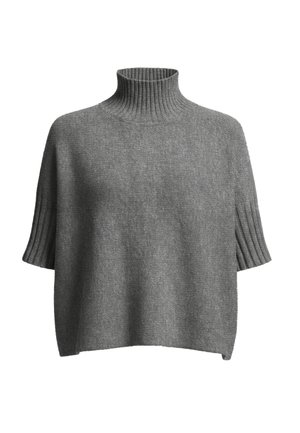 Kurzärmeliger Rollkragenpullover aus weichem grauem Strick, mit gerippten Details an den Ärmeln und einer entspannten, kastigen Silhouette.
