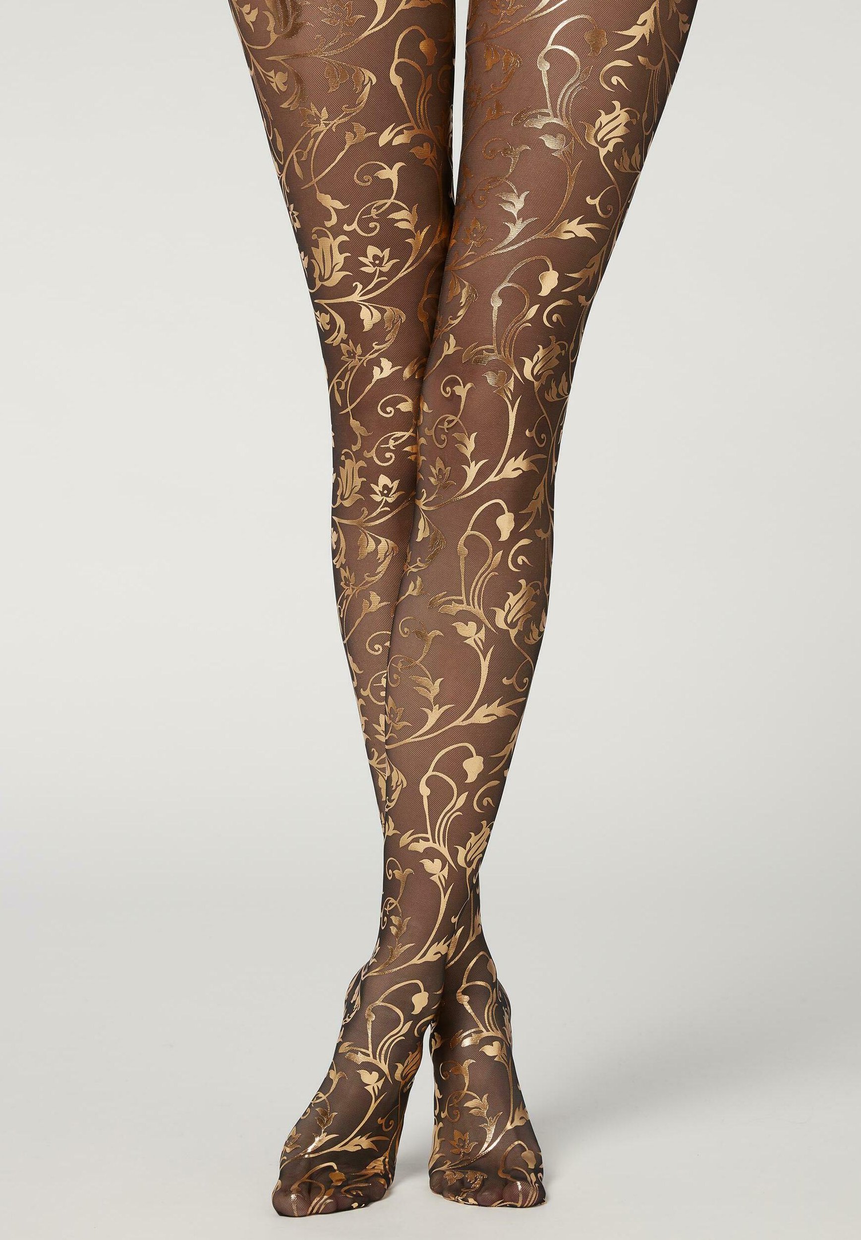 Calzedonia AUS TÜLL MIT GOLDFARBENEM DAMASTMUSTER - Tights - nero oro/anthracite  - Zalando.de