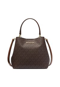 Bolso marrón con patrón, con dos asas y un logo dorado. El material parece ser sintético texturizado, con una forma estructurada y un diseño espacioso.