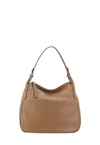 Beige Lederhandtasche mit weicher Textur, geschwungener Form und einem einzelnen Tragegurt. Verfügt über einen Reißverschlussverschluss oben und ein dezentes Logo-Detail.