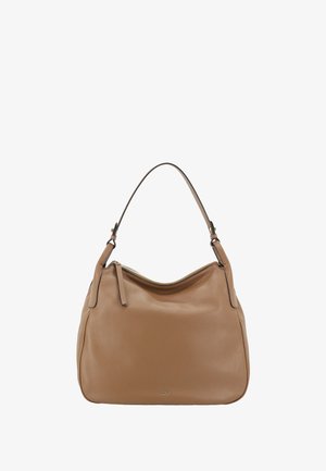 Beige Lederhandtasche mit weicher Textur, geschwungener Form und einem einzelnen Tragegurt. Verfügt über einen Reißverschlussverschluss oben und ein dezentes Logo-Detail.