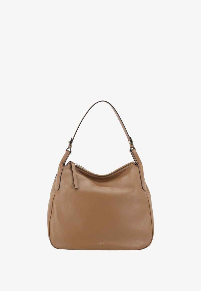 Beige Lederhandtasche mit weicher Textur, geschwungener Form und einem einzelnen Tragegurt. Verfügt über einen Reißverschlussverschluss oben und ein dezentes Logo-Detail.