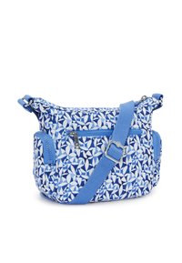 Borsa a spalla blu con motivo geometrico misto a foglie. Include un compartimento principale con zip e una tracolla regolabile. Tessuto testurizzato.