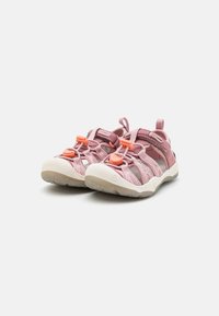 Pink lightweight water sandals featuring a breathable mesh upper, two strap closure with orange accent, and a textured white rubber sole.
