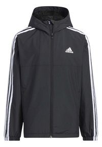 Chaqueta de chándal negra con cierre de cremallera, capucha forrada de malla y rayas blancas en las mangas. Presenta un logo de Adidas en el pecho.