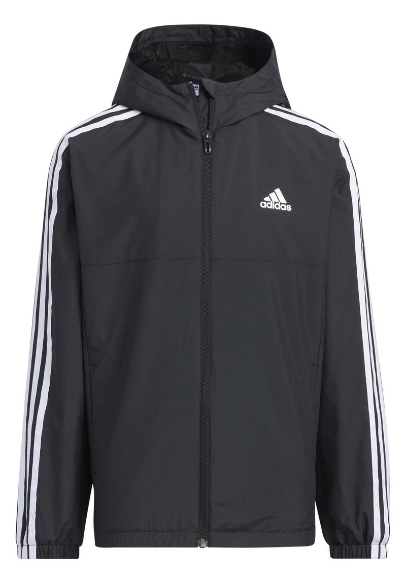 Chaqueta de chándal negra con cierre de cremallera, capucha forrada de malla y rayas blancas en las mangas. Presenta un logo de Adidas en el pecho.