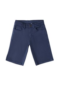 Pantalones cortos de mezclilla azul marino con cierre de botón en la parte delantera, presillas para cinturón, dos bolsillos frontales y una textura suave. Con dobladillo a la altura de la rodilla.