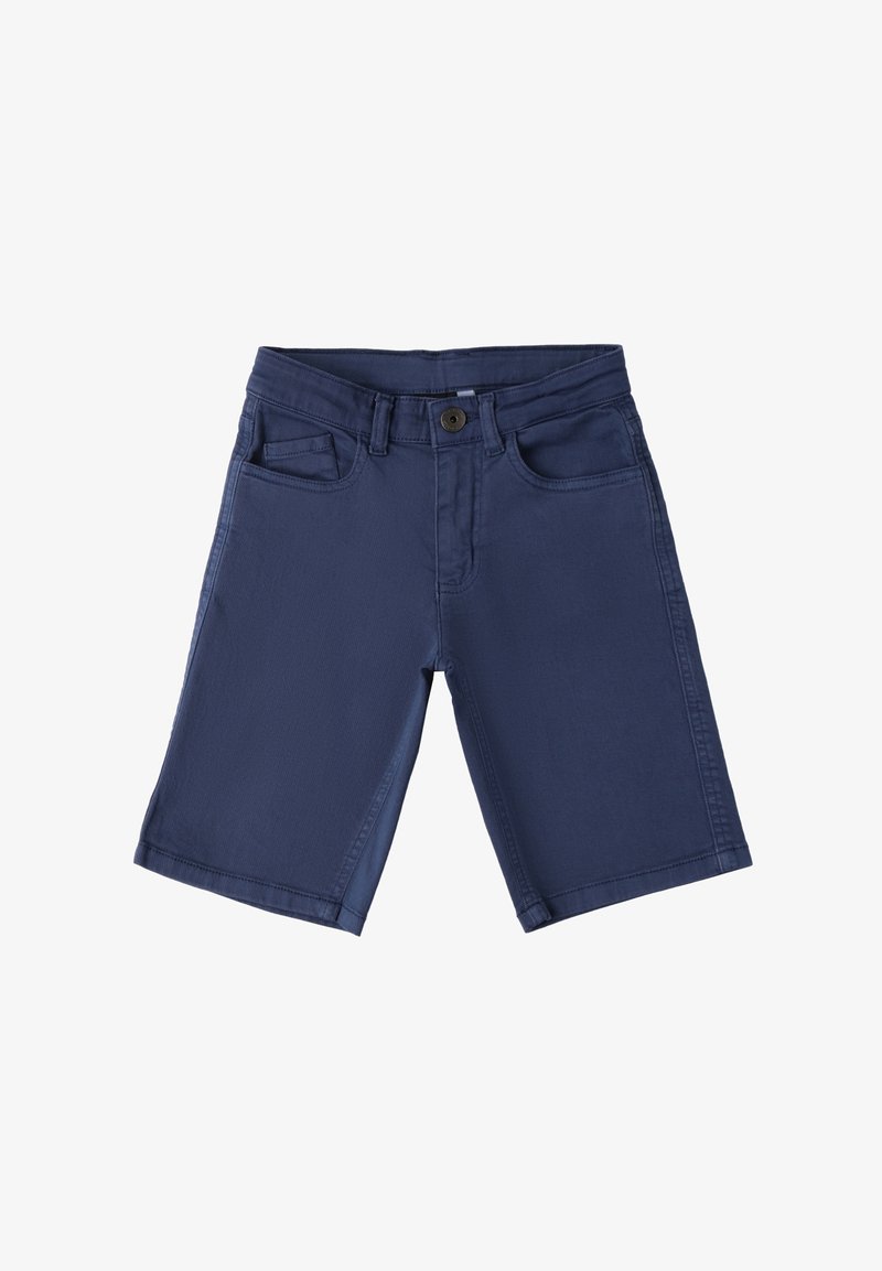 Pantalones cortos de mezclilla azul marino con cierre de botón en la parte delantera, presillas para cinturón, dos bolsillos frontales y una textura suave. Con dobladillo a la altura de la rodilla.