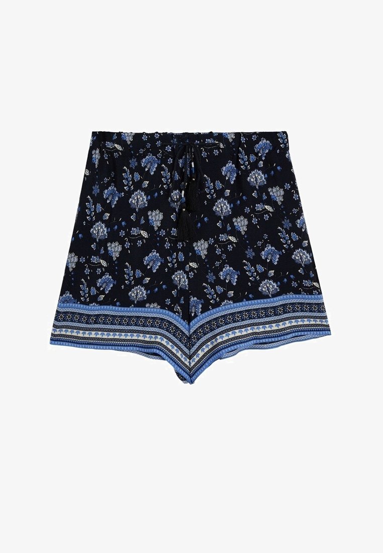 Short noir avec motifs floraux bleus et blancs et design de bordure géométrique, ceinture à cordon avec pompons.