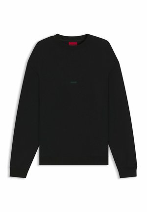 Zwarte sweatshirt van zacht materiaal, met een ronde hals, lange mouwen, ribbels aan de manchetten en de zoom, en een subtiele groene logo op de voorkant.