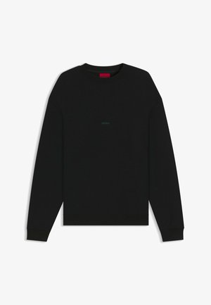 Mustat collegepaidat, joissa on pehmeä kangas, pyöreä kaula-aukko, pitkät hihat, ribbaatut hihansuut ja helmakaulus, sekä hillitty vihreä logo edessä.