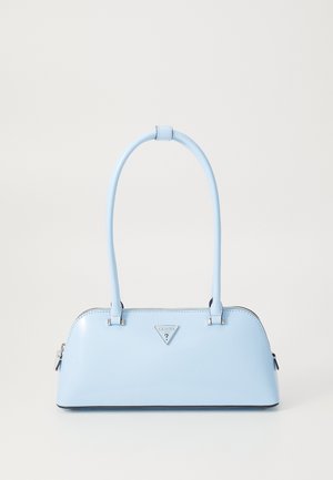 Light blue handbag with a structured shape, smooth leather material, two handles, and a triangular brand logo on the front. Zippered closure.