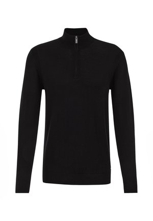 Pullover nero realizzato in tessuto liscio, con colletto alto con zip e maniche lunghe, con polsini e orlo a costine.