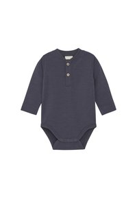 Marinblå långärmad bodysuit i mjuk tyg, med en henley-krage som har två träknappar och tryckknappar i botten.
