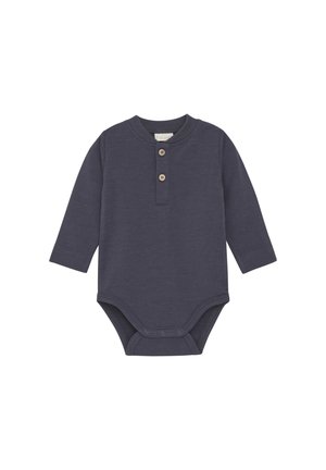 Marineblauer Langarm-Bodysuit aus weichem Stoff, mit einem Henley-Ausschnitt und zwei Holzknöpfen sowie Druckknopfverschlüssen am Boden.