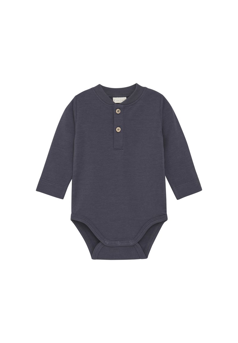 Marinblå långärmad bodysuit i mjuk tyg, med en henley-krage som har två träknappar och tryckknappar i botten.