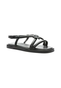 Black leather sandal featuring a flat sole, multiple crisscross straps, and an adjustable buckle on the ankle strap. Smooth texture throughout.