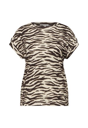 Dames top met korte mouwen, met een zwart-beige zebraprint en knoopdetail op opgerolde mouwen, weergegeven op een witte achtergrond.