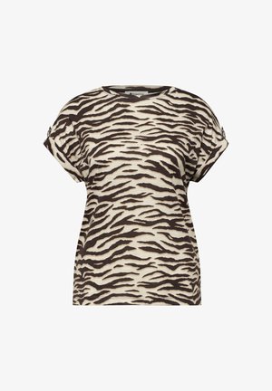Dames top met korte mouwen, met een zwart-beige zebraprint en knoopdetail op opgerolde mouwen, weergegeven op een witte achtergrond.