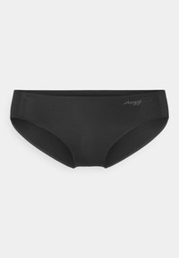 Černé bikinové kalhotky vyrobené z texturované, elastické látky. Mají hladký pas a jemný logo akcent, s klasickým hipster střihem.