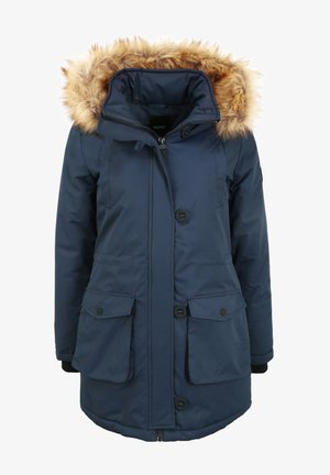 Parka blu navy con cappuccio foderato in pelliccia sintetica, zip frontale e chiusura a bottoni, dotata di due grandi tasche frontali e polsini a coste.