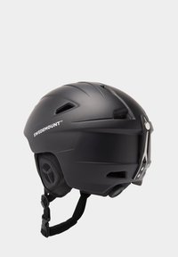 Black skiing helmet with a matte finish, ventilation slots, and adjustable chin strap. Features a silver-toned front clip for secure fit.