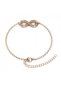 Bracciale in oro rosa con un centro simbolo dell'infinito adornato con pietre trasparenti. Presenta una catena ad anelli e una chiusura a moschettone.