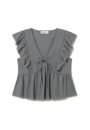 Gray blouse with a deep V-neck, flutter sleeves, and ruffled accents. Features a drawstring tie at the waist and textured fabric.