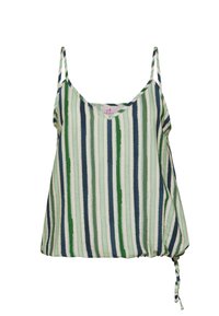 Bezrękawnik w paski z zielonymi, niebieskimi i białymi pionowymi liniami, z cienkimi ramiączkami na ramionach i wiązaniem po bokach na dole.