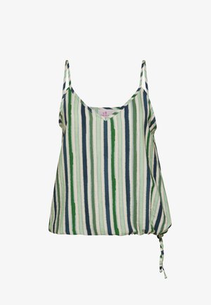 Mouwloze gestreepte top met groene, blauwe en witte verticale strepen, voorzien van dunne schouderbandjes en een zijstrik aan de zoom.