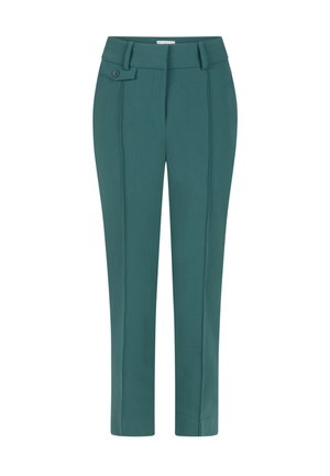 Teal op maat gemaakte broeken met een rechte pijp, voorzien van een vlakke voorkant, twee knopen en verticale plooien voor een gestructureerde uitstraling.