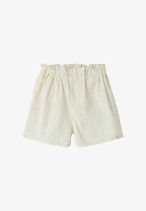 Shorts pour enfants couleur crème avec ceinture élastique froncée et motif de broderie florale ajourée subtil.