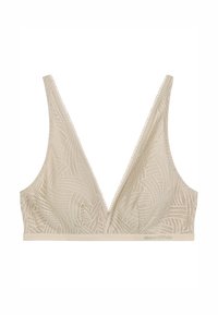 Beige Spitzen-Bralette mit tiefem V-Ausschnitt, das über komplexe geometrische Muster und gewellte Kanten verfügt. Weicher Stoff mit nahtlosem Design.