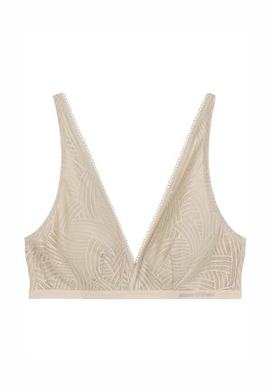 Beige Spitzen-Bralette mit tiefem V-Ausschnitt, das über komplexe geometrische Muster und gewellte Kanten verfügt. Weicher Stoff mit nahtlosem Design.