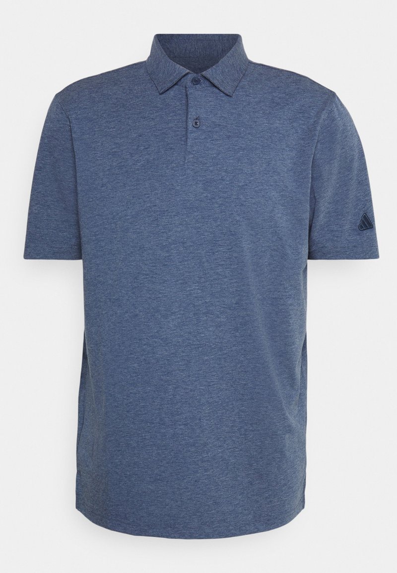 Camisa polo azul marino hecha de tejido texturizado, con cuello abotonado, mangas cortas y un pequeño logotipo en la manga izquierda.