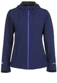 Chaqueta softshell marina con cremallera morada, capucha ajustable y bolsillos laterales; presenta una textura suave y puños en contraste.