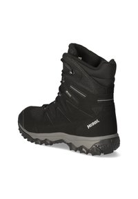 Schwarzer Wanderschuh mit textured Stoffobermaterial, verstärkter Zehenkappe und grauer Gummisohle mit Profilmuster für besseren Grip. Markenlogo an der Seite.