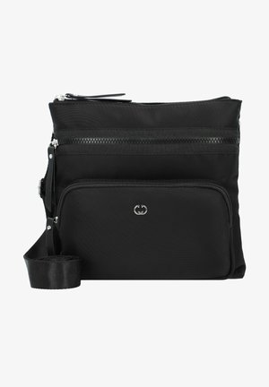 Schwarze Nylontasche für den Crossbody-Trageweise mit zwei Reißverschlussfächern, verstellbarem Tragegurt und metallischem Logo-Element. Glatte Textur und minimalistisches Design.