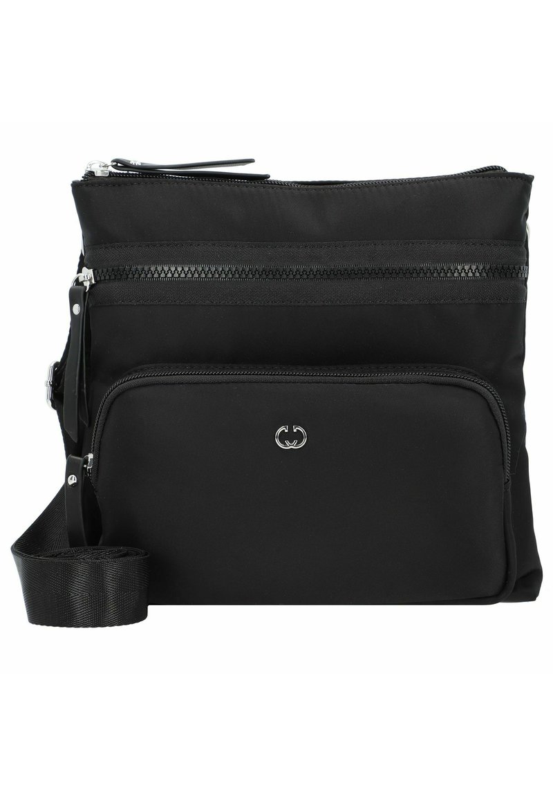 Schwarze Nylontasche für den Crossbody-Trageweise mit zwei Reißverschlussfächern, verstellbarem Tragegurt und metallischem Logo-Element. Glatte Textur und minimalistisches Design.