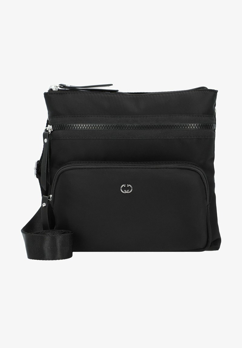 Schwarze Nylontasche für den Crossbody-Trageweise mit zwei Reißverschlussfächern, verstellbarem Tragegurt und metallischem Logo-Element. Glatte Textur und minimalistisches Design.