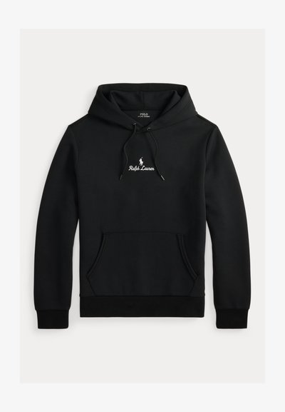 Melnā kapucēta džemperis, kas izgatavots no kokvilnas maisījuma, ar priekšējo kabatu, ribinātiem piedurknēm un izšūtu "Ralph Lauren" logo.