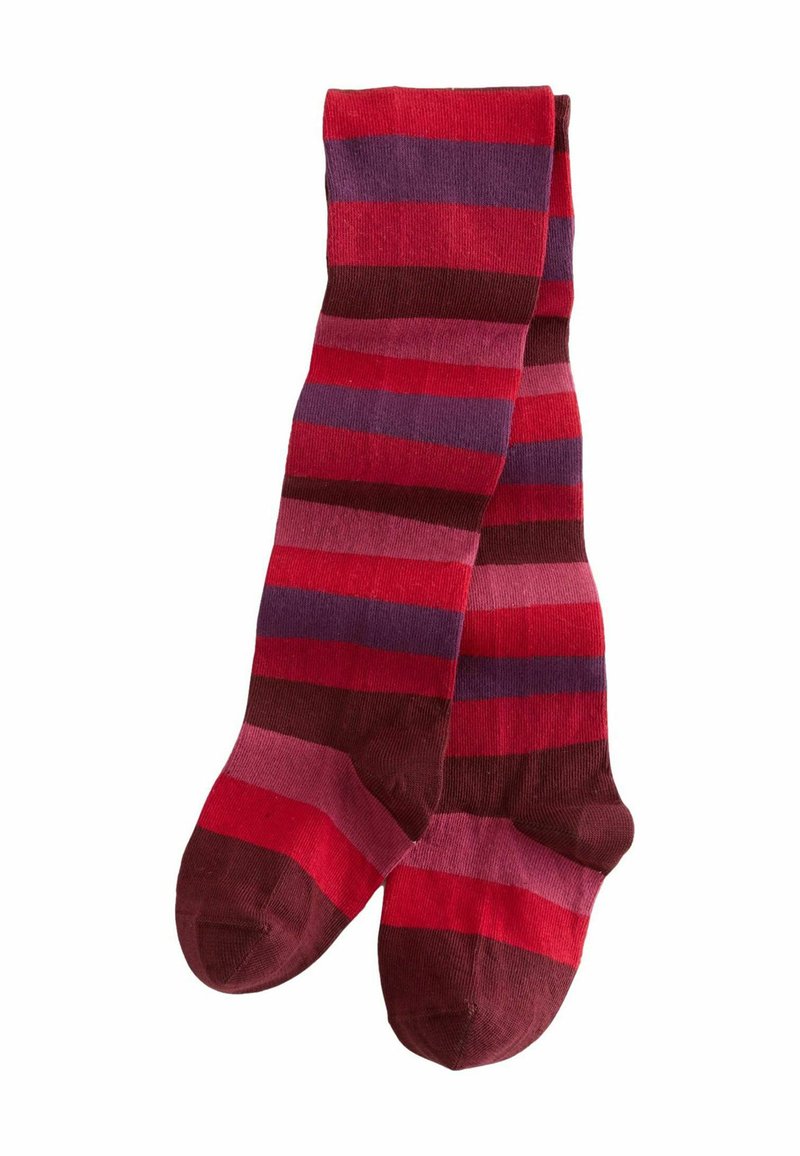 Gestreifte Socken in Rot-, Pink- und Purpurtönen, aus Strickstoff gefertigt. Sie haben abwechselnd breite und schmale Streifen mit einem dunklen Zehenbereich.