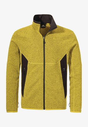 Gelbe Fleecejacke mit dunkelbraunen Akzenten, hohem Kragen, durchgehendem Reißverschluss und zwei Seitentaschen. Strukturiertes Material und kontrastierende Nähte.